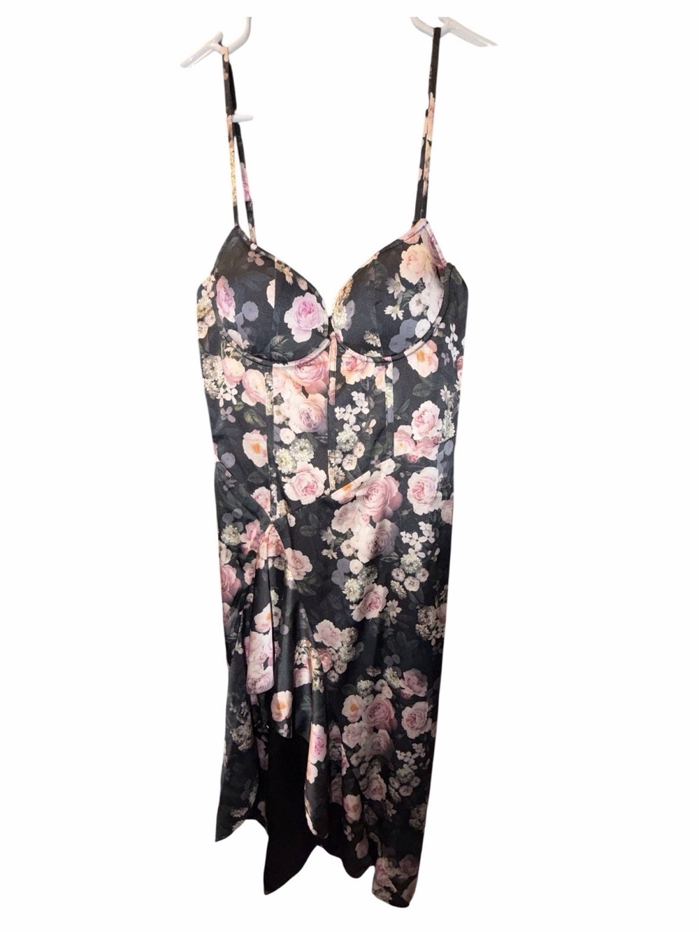 Asymmetrical Floral Satin Slip Dress in Black with Pink Roses